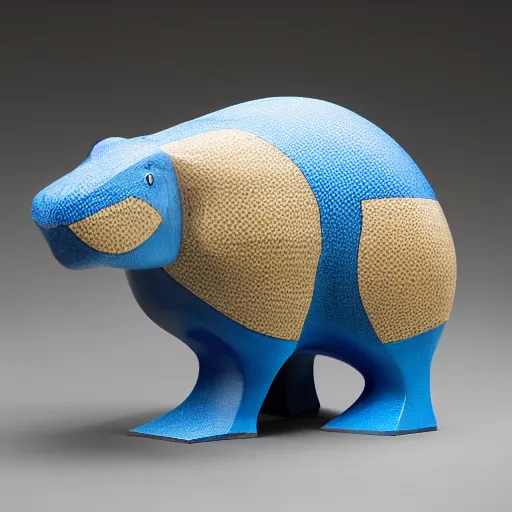 Image similar to a minimalist curvy shaped sculpture of hippopotamus!, ( ( wood ) ) and ( ( blue epoxy ) ) on top mix, cubic blocks stripes cuts, side view profile centered, studio, design, object, reddit