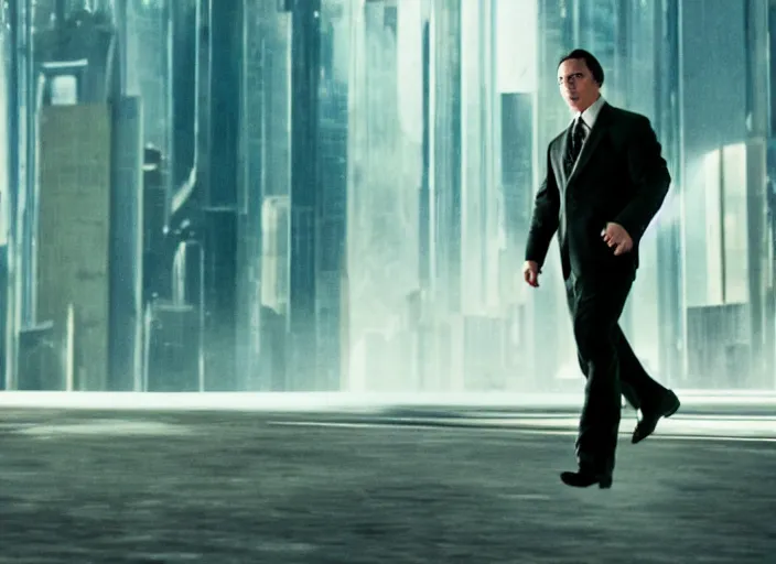 Image similar to film still of Christian Bale as Cobb with the world bending in the background in Inception, 4k