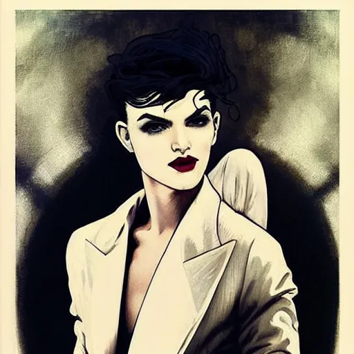 Image similar to beautiful portrait of androgynous ruby rose as desire from sandman in a white tuxedo!!!, rockabilly style,, by alphonse mucha, by jeremy mann, by peter lindbergh, dave mckean, by frank moth, by cedric peyravernay, white suit and black tie, soft lightning, high detailed, 8 k