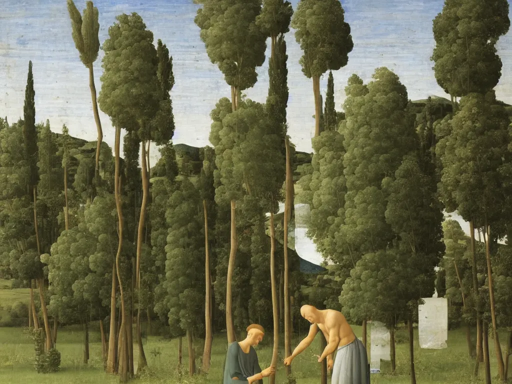 Prompt: Young man looking at a broken mirror in a meadow with tall grass, a river and cypresses. Painting by Piero della Francesca.