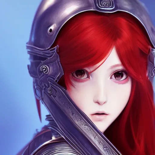 Image similar to a red haired female knight as an absurdly beautiful, elegant, sensual anime girl, blue background, ultrafine hyperrealistic detailed face illustration by kim jung gi, irakli nadar, intricate linework, sharp focus, bright colors, matte, octopath traveler, final fantasy, unreal engine highly rendered, global illumination, radiant light, intricate environment