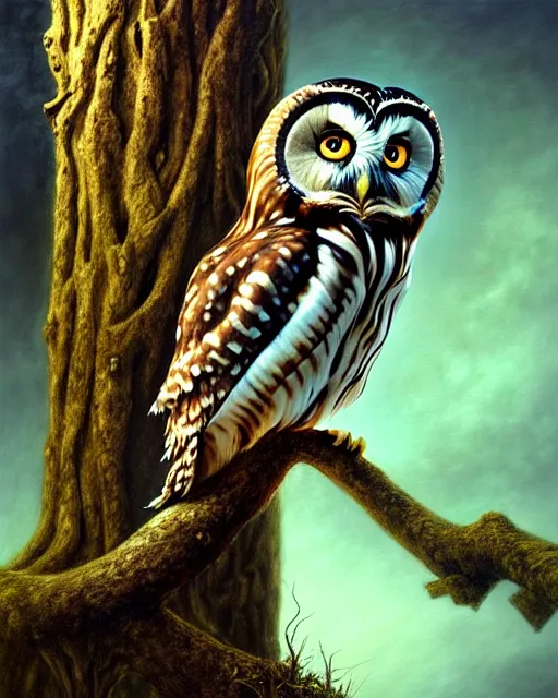 Image similar to an extremely detailed masterpiece painting of a northern saw - whet owl on a limb, in the style of brian froud, brian despain, brian bolland, digital art, unreal engine, volumetric lighting, dark moody lighting, trending on artstation, photorealistic, epic scene