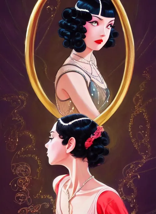 Image similar to a beautiful dancer with black hair in 1930's fashion, ballroom background, intricate, highly detailed, digital painting, artstation, official media, anime key visual, concept art, rich vivid colors, ambient lighting, sharp focus, illustration, art by Artgerm, Makoto Shinkai, Ilya Kuvshinov, Lois Van Baarle, and Rossdraws