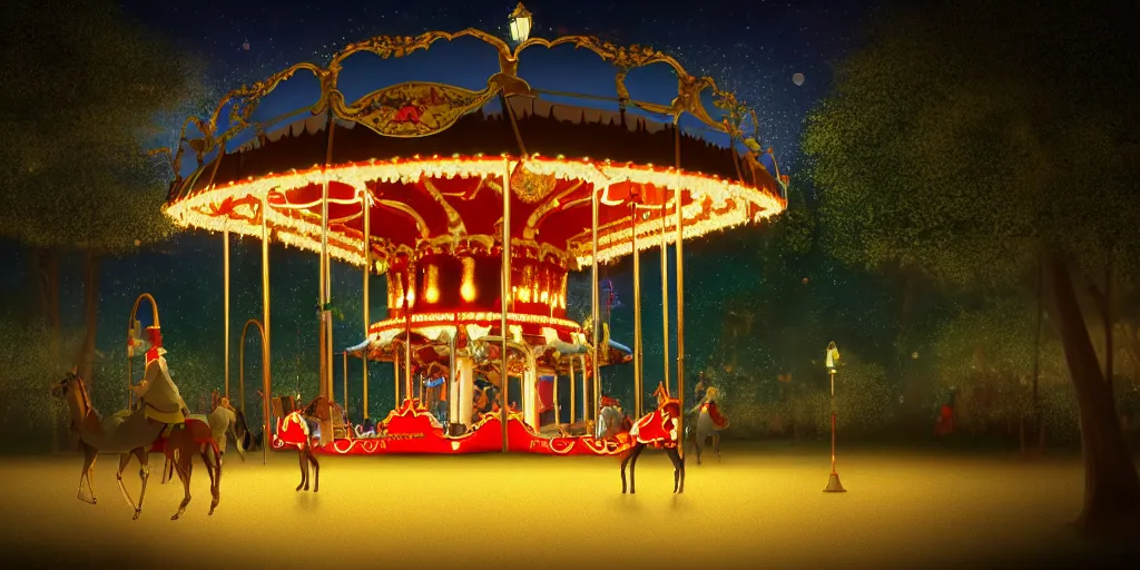 Prompt: at a merry - go - round park, evening, detailed matte painting, low angle view, telephoto lens, bokeh, studio ghibli, artstation