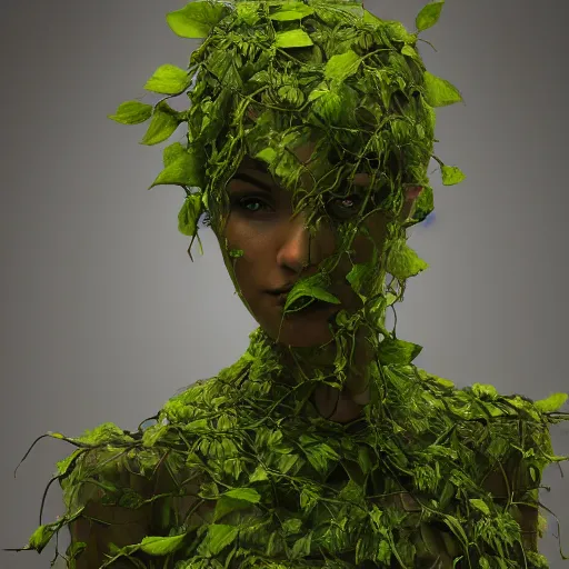 Prompt: a giant lady made of vines and leaves Dramatic Lighting, Trending on Artstation HQ, 4K, UHD.