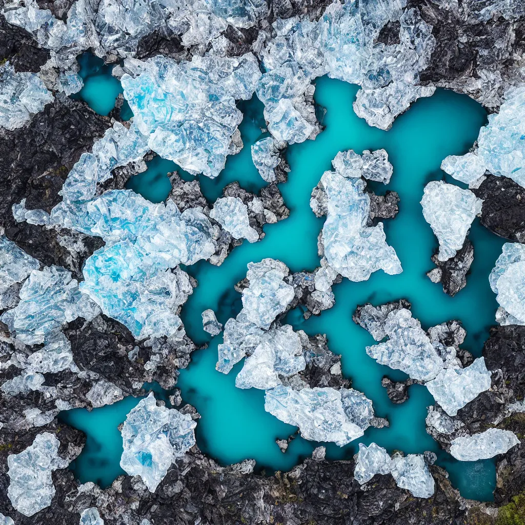 Image similar to bright blue pools of water surrounded by large facetted slabs of obsidian, patches of green moss, icy glaciers, Iceland, birds eye view