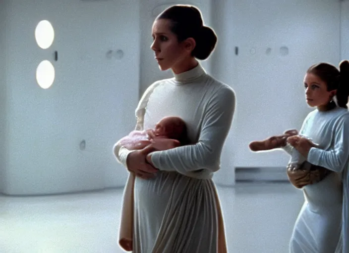 Image similar to screenshot of Princess Leia Organa holding a one newborn baby in a swaddle with Han Solo standing next to her, iconic scene from 1970s film directed by Stanley Kubrick, in a sci fi nursing home architecture, 4k HD sharp, cinematic lighting still frame, photoreal, detailed face, moody lighting, stunning cinematography, anamorphic lenses, kodak color film stock