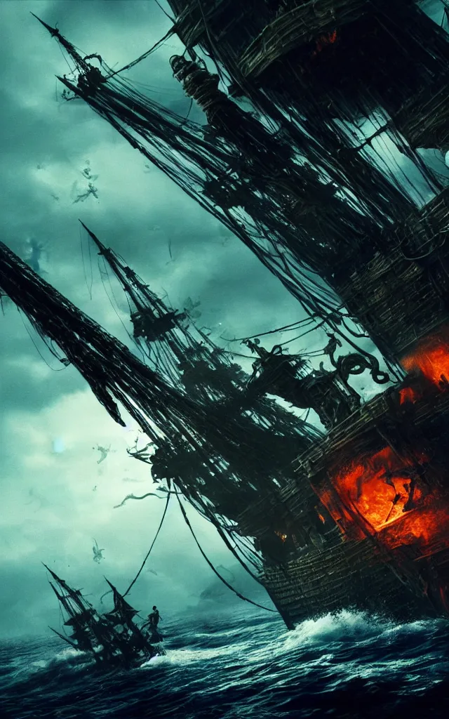 Image similar to pirates fighting kraken, cinematic atmosphere, maximized, high detail, 8k, ornate, dark fantasy, masterpiece, complex, film still from the movie directed by Denis Villeneuve