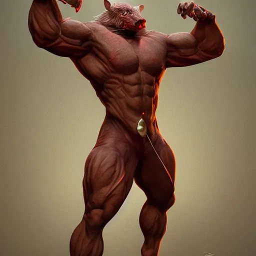 Image similar to rat - man hybrid, body builder body, hyper detailed, digital art, trending in artstation, cinematic lighting, studio quality, smooth render, unreal engine 5 rendered, octane rendered, art style by klimt and nixeu and ian sprigger and wlop and krenz cushart