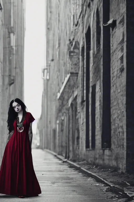 Prompt: a photo of a beautiful Goth girl wearing a dark red dress leaning on a wall, long dark hair, dark colors, tattoos, a large Ankh necklace, soft lighting, rich cinematic atmosphere, poster, 8k