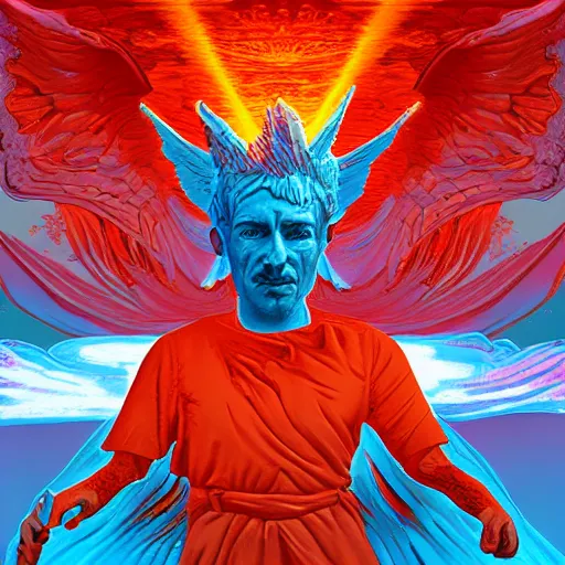 Image similar to landscape bitcoin satan with red skin and white angel wings by beeple digital art award winning nft 2 0 2 0 collection