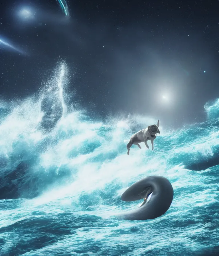 Image similar to photo of a dark gray coat pit bull with a white paws and a white nose!, surfing on a surfboard in a crashing wave of alien galaxy, trending on art station, ocean in space, background is an alien galaxy, aliens in the background, alien colors, octane render, unreal engine, wide view, 8 k, highly detailed