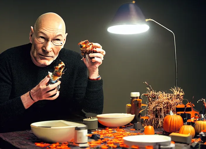 Image similar to a scene from a 2 0 2 0 s halloween kills, patrick stewart is eating from a can of beans, vhs distortion, cathode ray tube distortion, folk horror, hauntology, 8 k, 8 5 mm f 1. 8, studio lighting, rim light, right side key light