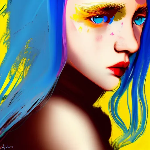 Image similar to a girl with long sky blue hair, gold eyes, amber eyes, boyish face, professional digital painting, wild brush strokes, concept art, award - winning photography, cinematic, wlop, color block, pop, hip, art by andy warhol, pixiv art, yoshitaka amano