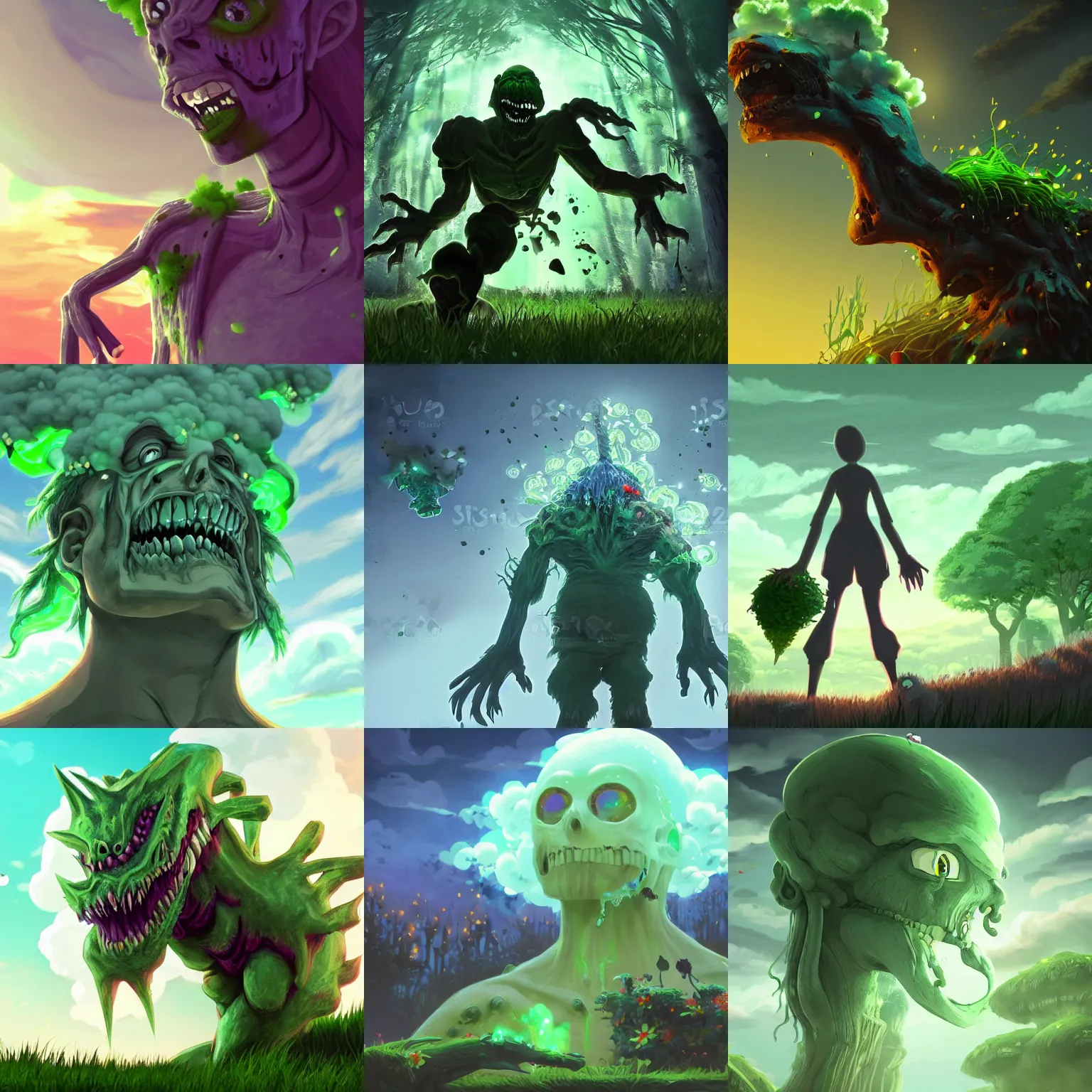 Prompt: closeup upper body of magic fantasy zombie surrounded by green poison cloud, in a gentle green dawn light, clean cel shaded vector art, studio ghibli, cinematic lighting, volumetric lighting, smooth, sharp focus, highly detailed, render in unreal engine 5, artstation, deviantart, behance, trending, epic composition, octane, light rays, award - winning