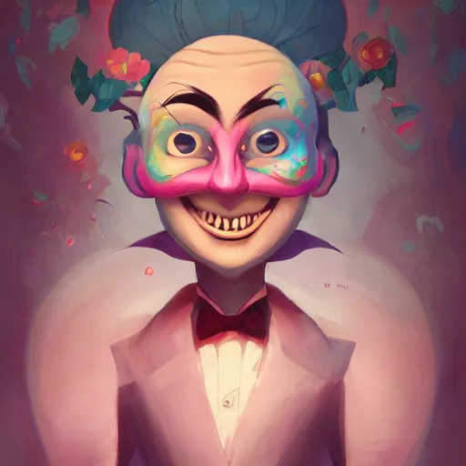 Image similar to a portrait of a cinematic still of the happy mask salesman, art by lois van baarle and loish and ross tran and rossdraws and sam yang and samdoesarts and artgerm and saruei and disney, digital art, highly detailed, intricate, sharp focus, trending on artstation hq, deviantart, unreal engine 5, 4 k uhd image