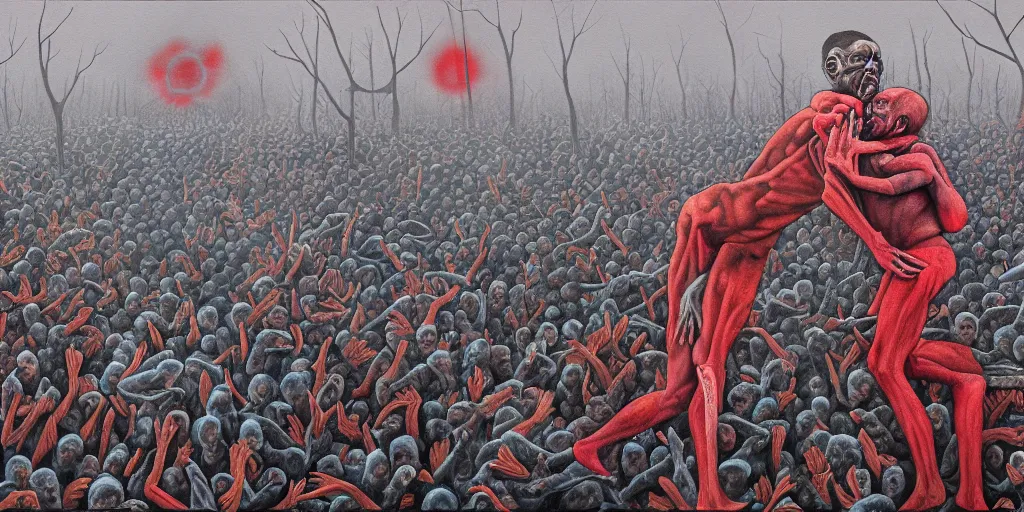 Image similar to painting by max earnst, disease decimating a global population