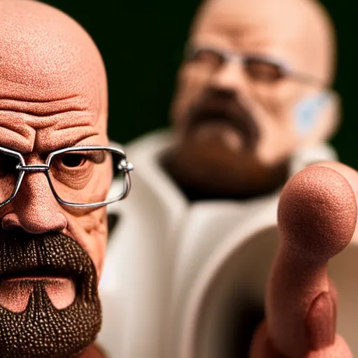 Prompt: macro photo of a miniature walter white figure, canon 8 0 d, canon 1 0 0 mm f / 2. 8, 4 k,