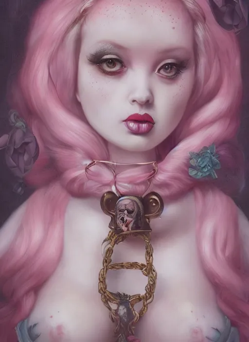 Prompt: pop surrealism, lowbrow art, realistic seductive cute woman painting, pink body harness, japanese shibari, hyper realism, muted colours, rococo, natalie shau, loreta lux, tom bagshaw, mark ryden, trevor brown style,