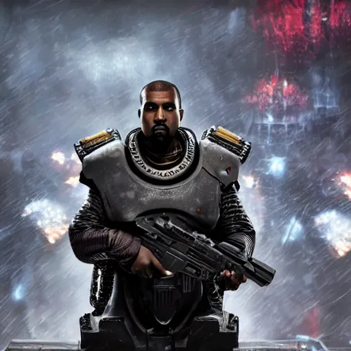 Image similar to Kanye West as the emperor of humanity from warhammer 40k in Gears of War, splash art, movie still, cinematic lighting, detailed face, face, dramatic, octane render, long lens, shallow depth of field, bokeh, anamorphic lens flare, 8k, hyper detailed, 35mm film grain