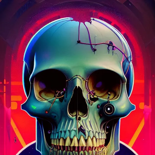 Prompt: a beautiful portrait painting of a ( cyberpunk ) skull by simon stalenhag and pascal blanche and alphonse mucha!! and nekro!! and josan gonzalez. in style of digital art. colorful comic, film noirs, symmetry, brush stroke, vibrating colors, hyper detailed. octane render. trending on artstation