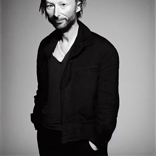 Prompt: Smiling Thom Yorke, with a beard and a black jacket, a portrait by John E. Berninger, dribble, neo-expressionism, uhd image, studio portrait, 1990s