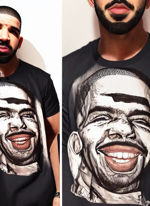 Prompt: Drake wearing a shirt of himself with matching facial expressions, iPhone photo