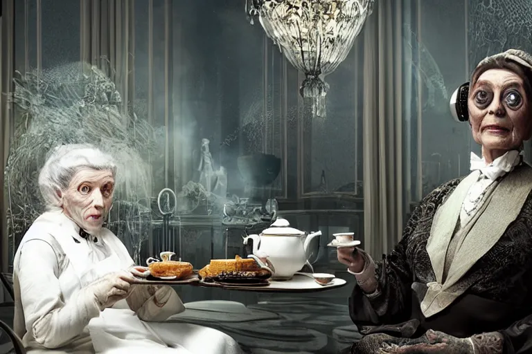 Image similar to VFX movie portrait of old woman served tea by a futuristic butler robot in a decadent living room by Emmanuel Lubezki