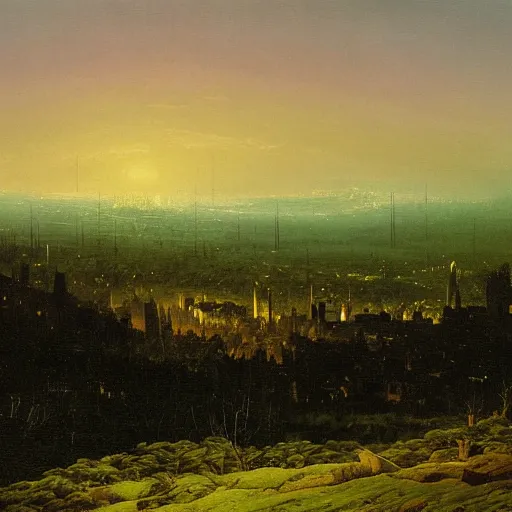 Prompt: city, distant valley, trees, night, dramatic light, oil painting, by caspar david friedrich