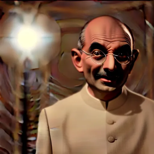 Image similar to mr. bean as mahatma ghandi. movie still. cinematic lighting.