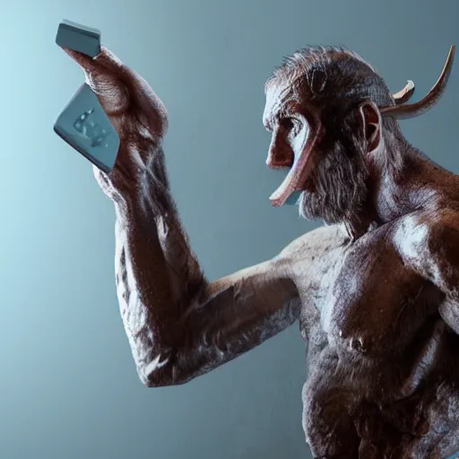 Prompt: realistic photo portrait of a prehistoric man giving a phone call, volumetric lights, trending on artstation, studio photo, intricate details, highly detailed