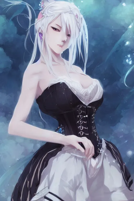 Prompt: anime girl with white hair wearing a corset, anime style, fantasy art, gorgeous face, digital drawing, by makoto shinkai, by wenjun lin