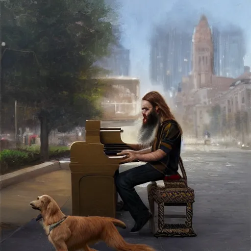 Image similar to oil painting of a young man with long hair blond and a beard hippie style with his golden retrever dog playing piano in the square for money, people watching around, by greg rutkowski, artstation