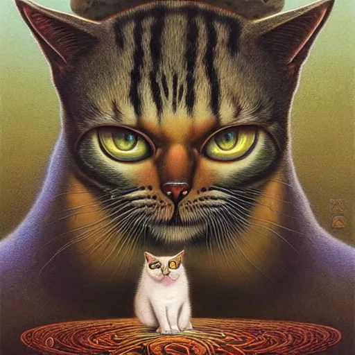 Image similar to a cat having an ego trip, by alex grey, by Esao Andrews and Karol Bak and Zdzislaw Beksinski and Zdzisław Beksiński, trending on ArtStation