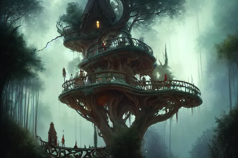 Image similar to treehouse with architecture from antonio gaudi in a deep mystical forest , lampoons, lake, waterfall, tall people walking and discussing, faint dynamic lighting, art by peter mohrbacher on artstation, night mood