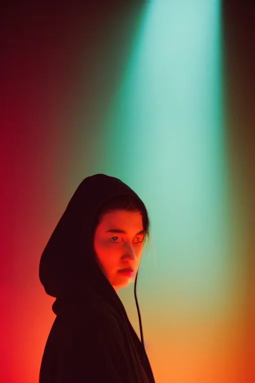 Image similar to A realistic and detailed portrait photography of a woman wearing black hoodie. by Annie Leibovitz. Neo noir style. Cinematic. Rainbow neon lights and glow in the background. Cinestill 800T film. Lens flare. Helios 44m. Ultra detail. Photoreal. Depth of field.