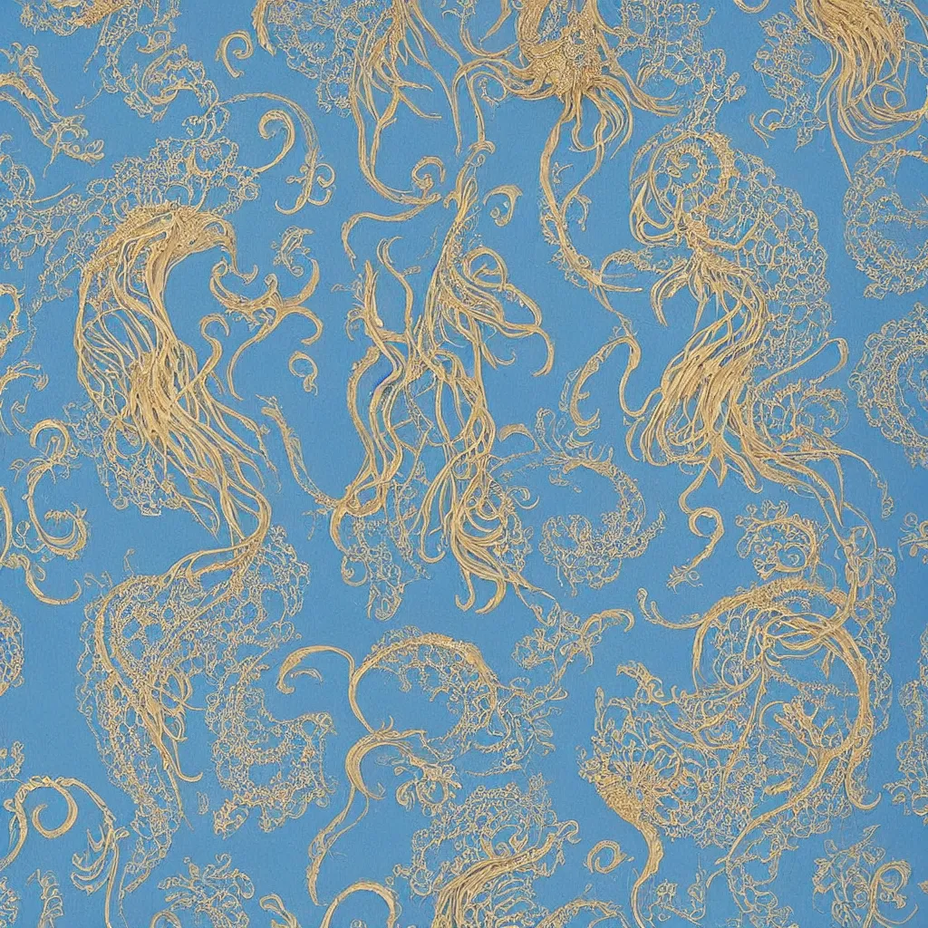 Image similar to blue dress design in the style of rococo ，Victorian era，jellyfish element，Gold lace,dreamy, soft ,Backlight ,luminescence，Aetherpunk,highly detailed,8k