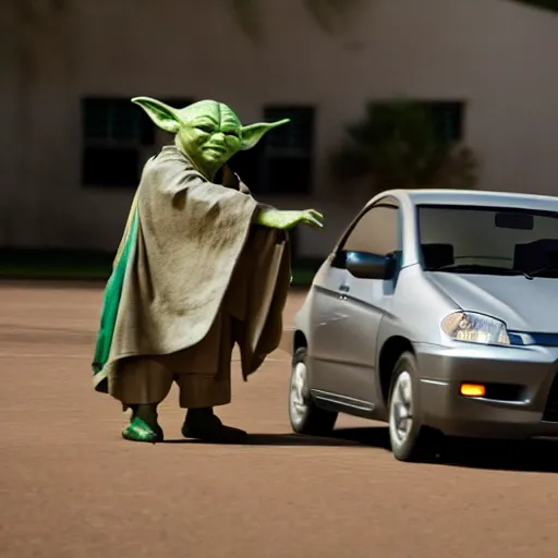 Prompt: Yoda driving a honda civid, DSLR 50mm, high quality, movie still