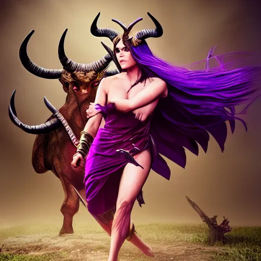 Prompt: illustrated hyper realistic portrait of Elizabeth Hurley as ram-horned devil woman with purple hair, red dress, epic action pose by rossdraws, award winning epic HD photography