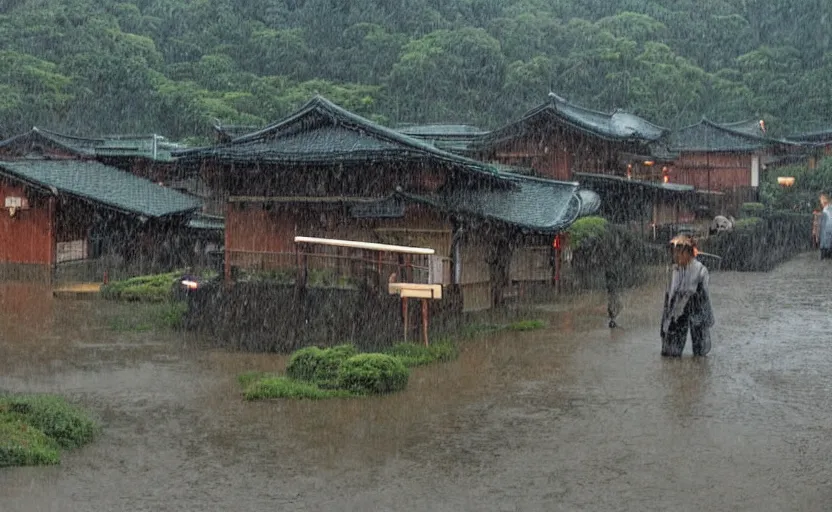 Image similar to A japanese village in pouring rain