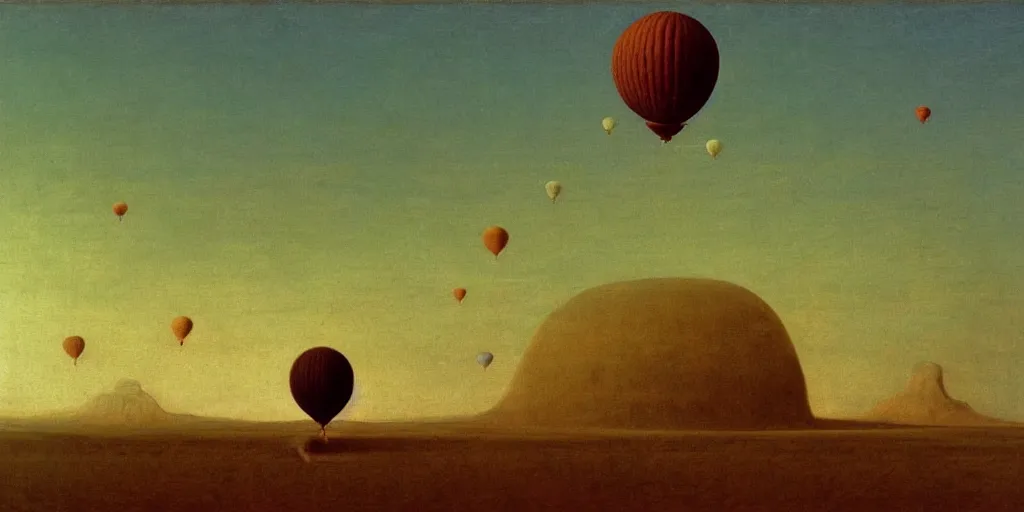 Prompt: painting of mysterious landscape with balloons in the sky by George Stubbs, zdzisław beksiński, renaissance painting, oil painting, old master