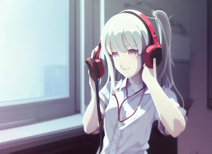 Image similar to a fill still portrait of a white long hair red eyed young cute girl wearing a headset in a room interior, closeup, perfect art, gapmoe yandere, trending on pixiv fanbox, painted by makoto shinkai takashi takeuchi studio gibli, akihiko yoshida, 4 k