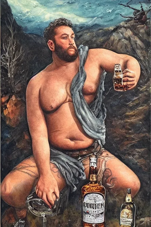 Prompt: a dramatic, epic, ethereal painting of a !!!handsome!!! thicc chunky beefy mischievous shirtless with a big beer belly and stubble wearing a large belt and bandana offering a whiskey bottle | he is a cowboy relaxing by a campfire | background is a late night with food and jugs of whisky | homoerotic, rugged | stars, tarot card, art deco, art nouveau, mosaic, intricate | by Mark Maggiori (((and Alphonse Mucha))) | trending on artstation