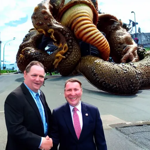 Prompt: a politician photo op with a tentacle monster