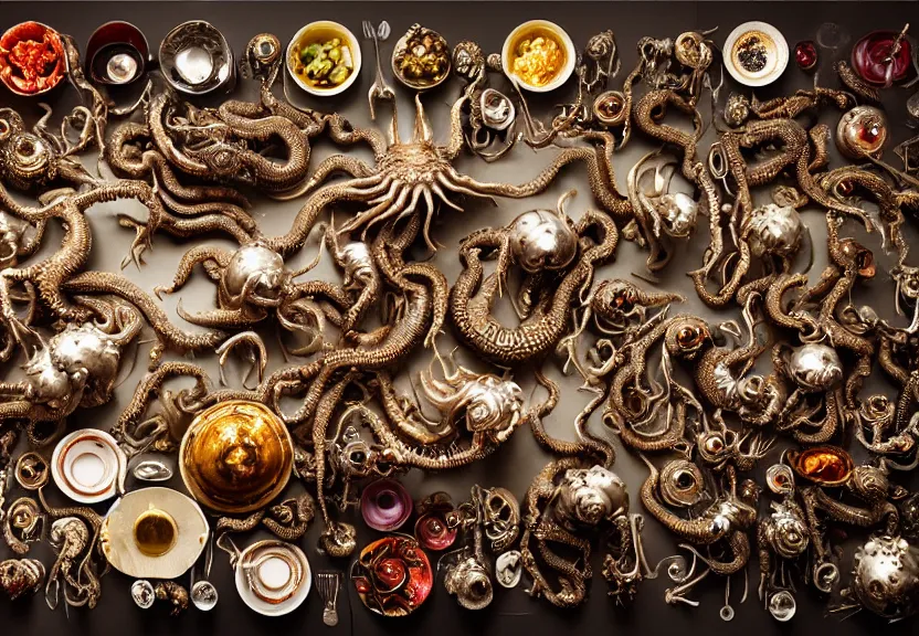 Prompt: an opulent banquet of food on a table covered with spiny metallic cyborg octopus and slimy metallic cyborg hermit crabs and spiny metallic cyborg earthworms and huge animal skulls. biomechanical giger ’ s xenomorph. the thing. the blob. reclaimed lumber, detailed and intricate environment, hyperrealism, food photography, rembrandt