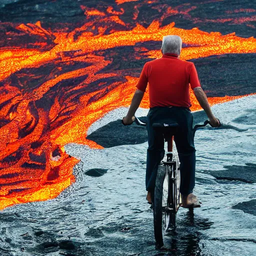 Image similar to elderly man on an aqua bike in a lava flow, volcano, eruption, magma, lava, canon eos r 3, f / 1. 4, iso 2 0 0, 1 / 1 6 0 s, 8 k, raw, unedited, symmetrical balance, wide angle