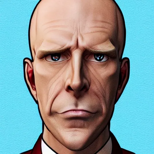 Image similar to A middle-aged Dr. Venture in real life with a hooked nose, a long gaunt face and skinny body and neck, very thin and bald, realistic, very realistic, hyperrealistic, highly detailed, very detailed, extremely detailed, detailed, digital art, oil painting, trending on artstation, headshot and bodyshot, detailed face, very detailed face, extremely detailed face, HD Quality, 8k resolution, very very detailed face, real life