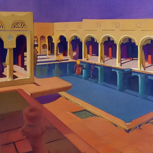 Image similar to a detailed oil painting of a harem pool with arabic patterns, by nicholas roerich, by frank frazetta!!!! by georgia o keeffe by frederick william elwell, by hans emmenegger, by eyvind earle highly detailed!!!, realistic, outline, line work, fantasy, oriental, stylised flat colors, animation