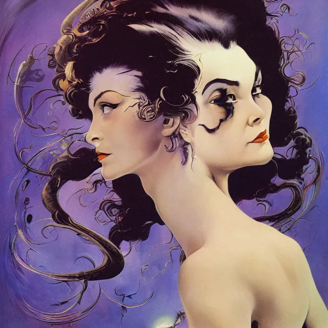 Image similar to portrait of a woman with swirling hair and fractal skin by frank frazetta, retrofuturism, psychedelic art reimagined by industrial light and magic