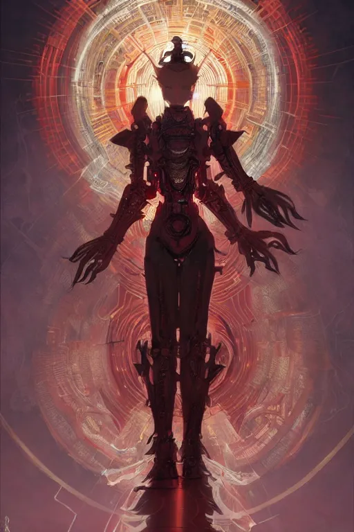 Image similar to asura from chinese myth, ghost, mecha, symmetrical. sci - fi, tech wear, glowing lights, intricate, elegant, highly detailed, digital painting, highly detailed, digital painting, artstation, concept art, smooth, sharp focus, illustration, art by artgerm and greg rutkowski and alphonse mucha